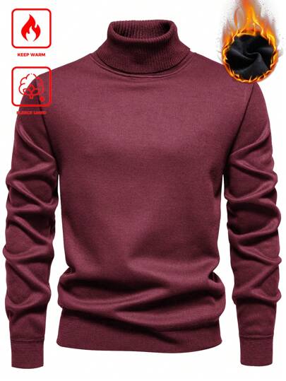 Manfinity Mode Men's Solid Color Stand Collar Long Sleeve Minimalist Thermal Lined Sweater, Casual Daily Wear, For Fall Winter