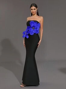 Glamrae Elegantes schwarzes trägerlose Kleid mit hoher Taille, figurbetonter Meerjungfrauenform und Blumen Dekor, elastisches Bandagendesign, für Dates, Single-Partys, Hochzeiten, festliche Abendveranstaltungen - Verschiedenfarbig - Übersicht 4