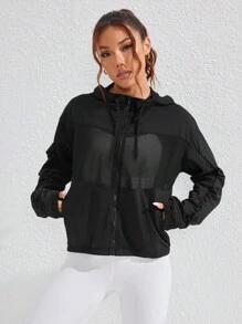 SHEIN Sport Studio Women's Solid Color Long Sleeve Mesh Hooded Sports Jacket Autumn