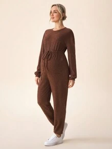 SHEIN Maternity Long Sleeve Jumpsuit With Drawstring And Bow Knitted Romper For Fall/Winter - Brown - View 2