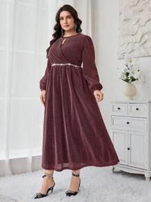 Modelyn Plus Size Women's Shimmering Pleated Abaya Dress Long Evening Dresses - Rust Brown - View 4