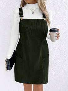 SHEIN LUNE Plus Size Women Solid Color Loose Casual Double Pocket Strap Dress, Autumn