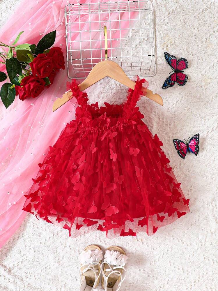 SHEIN فستان كامي فراشة مزين شبكي شامل للبنات الاطفال - الأحمر - مشاهدة 1