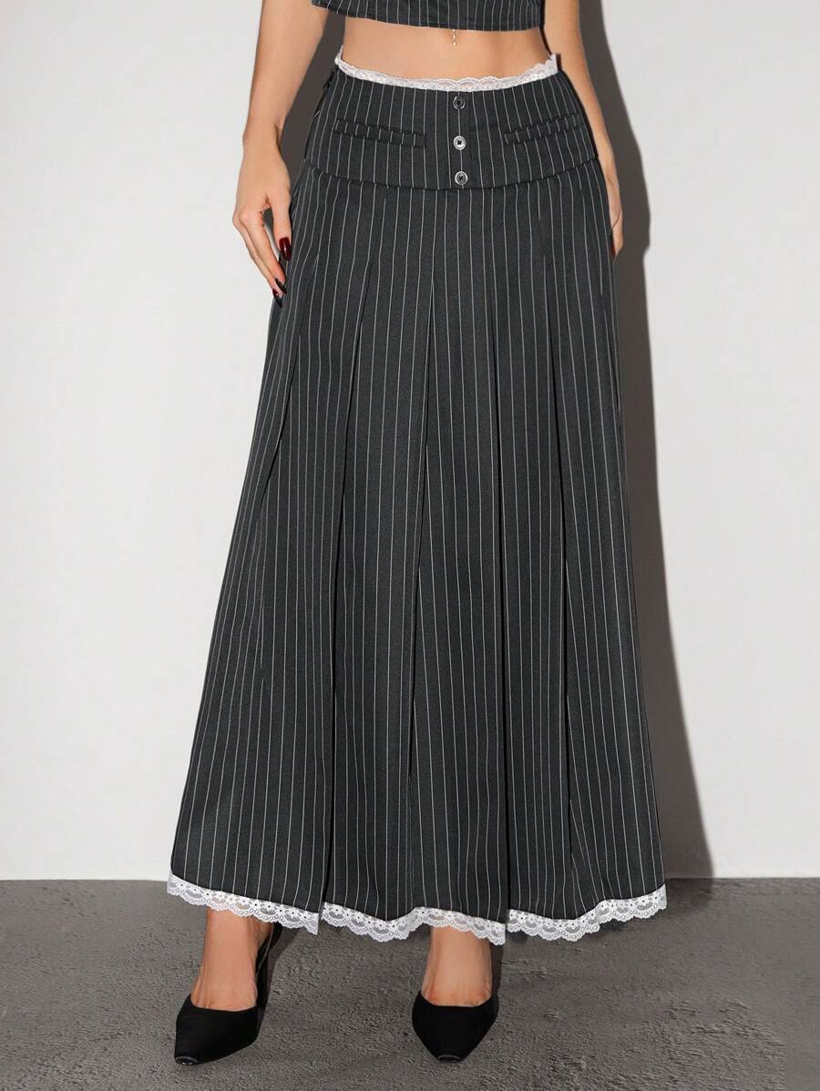 SHEIN ICON Falda midi plisada a rayas de cintura baja con decoración de encaje para mujer