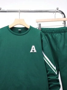 2Pcs Teen Boy Casual Set, Green Crew Neck Sweatshirt And Pants, Sports & School Style - Green - View 5