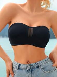 素色網紗拼接抹胸胸罩