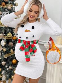 SHEIN 孕妇圣诞雪人印花毛绒连衣裙，秋冬 - 白色 - 查看 6