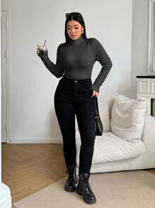 SHEIN EZwear 大码女式纯色高领长袖休闲 T 恤，秋季