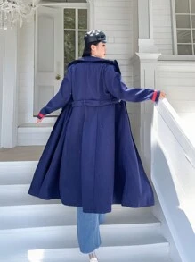 SHEIN Unity 大码纯色单排扣大衣，适合日常秋冬季休闲装 - 藏蓝色 - 查看 2