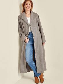 SHEIN Clasi 1pc Women Plus Size Plain Fitted Long Overcoat Fall Cloth For Women - Khaki - View 4