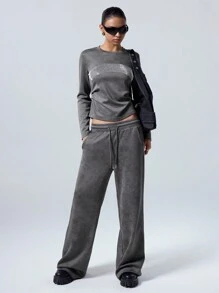 LYSMO Setelan 2 Potong Atasan Lengan Panjang Leher Bulat dan Celana dengan Dekorasi Rhinestone untuk Festival bagi Wanita - Grey - View 1