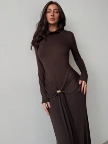 Aloruh Women's Mock Neck Fitted Ruched Metal Decor Maxi Party Christmas Dress - Brown - View 5