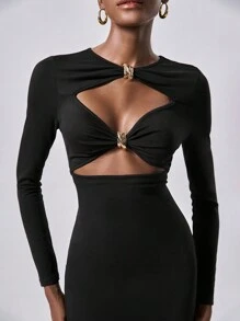 Lumivelle 1 件女士金属装饰优雅派对连衣裙，针织弹力长款紧身连衣裙，秋冬超长女装 - 黑色 - 查看 5