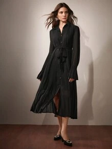 Anewsta 女士秋季衬衫领褶皱喇叭袖系腰连衣裙长款女装