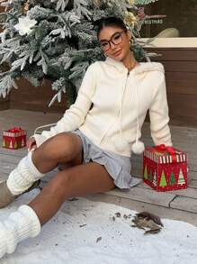 SHEIN EZwear 1pc Women Apricot Fluffy Collar Zip-Up Knitted Cardigan, Autumn/Winter New