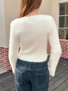 INAWLY 女士休闲日常简约蝴蝶结装饰针织毛衣，秋冬 - 米色 - 查看 2