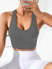 Easithlete 女式纯色交叉后背镂空无袖无缝运动健身背心 - 灰色 - 查看 3