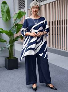 EMERY ROSE 2 件加大时尚奶奶秋装 Curvethanksgiving 女士服装尺码休闲撞色不对称下摆上衣和裤子套装，秋季 - 藏蓝色 - 查看 6