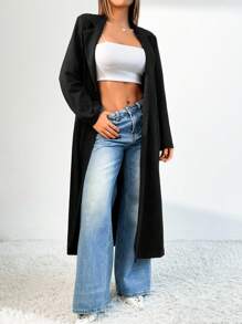 Chiquease 1 件女式宽松黑色长款绒面革外套，高端休闲外套 - 黑色 - 查看 1