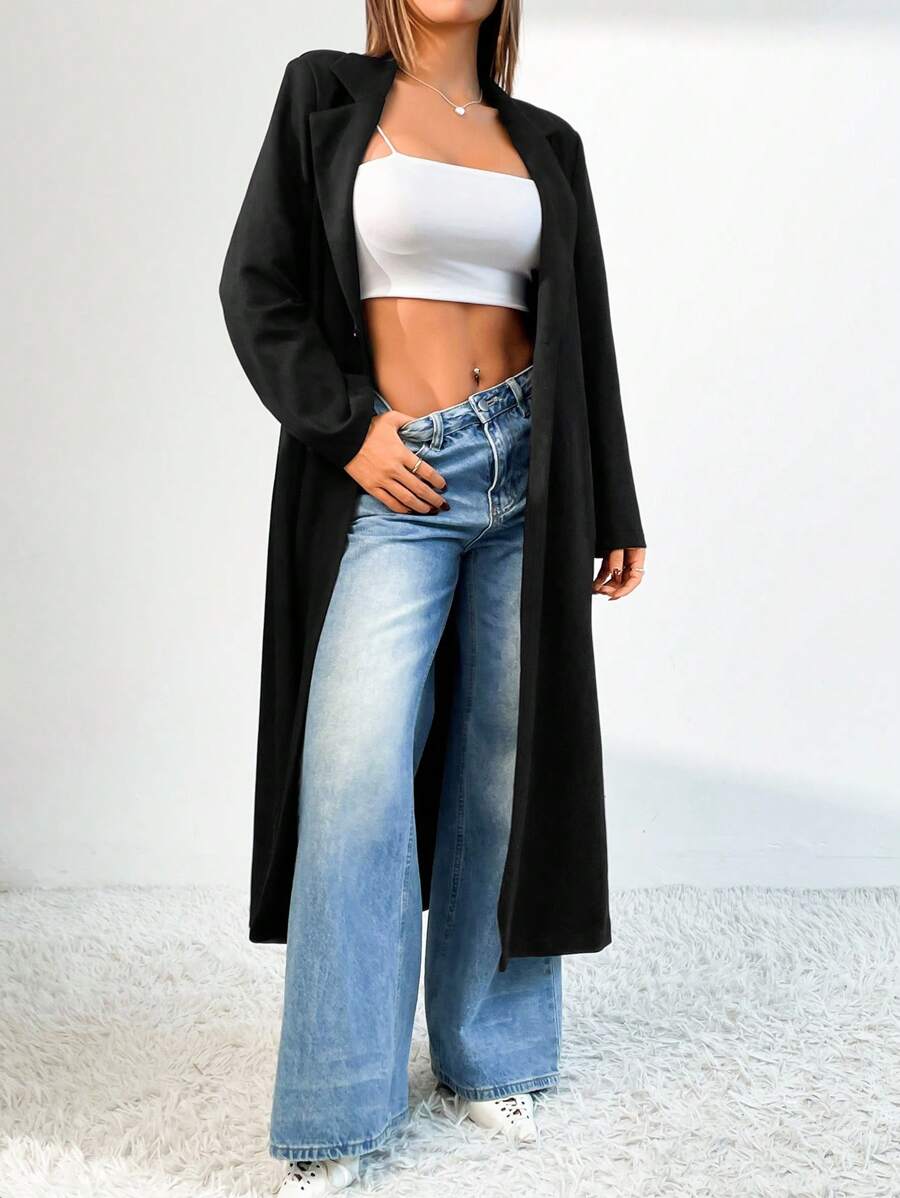 Chiquease 1 件女式宽松黑色长款绒面革外套，高端休闲外套 - 黑色 - 查看 1