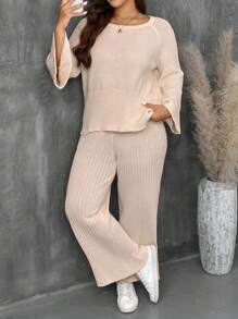 EMERY ROSE Conjunto de punto de 2 piezas talla grande compuesto por un jersey casual de escote de barco y mangas de murciélago en color albaricoque talla grande pantalón de pierna ancha, para otoño e invierno