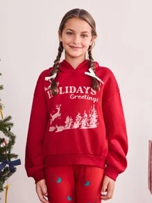 SHEIN 少女红色圣诞/新年长袖字母和鹿印花休闲宽松卫衣，日常穿着 - 紅色 - 查看 1