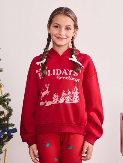 SHEIN Sudadera con capucha suelta casual de manga larga con estampado de letras y ciervos roja para fiestas navideñas y de Año Nuevo para niñas preadolescentes, uso diario