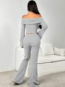 SHEIN EZwear 2pcs Women Off-Shoulder Top And Flared Pants Set