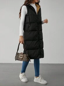 SHEIN Tall Zip Up Slant Pocket Drawstring Hooded Vest Padded Coat - Black - View 3