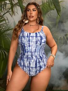 SHEIN Swim Curve Plus Size Women Vacation Tie Dye Print Camisole One-Piece Swimsuit Summer - Blue and White - View 5