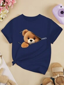 Young Girl Round Neck Short Sleeve Teddy Bear Print Casual T-Shirt
