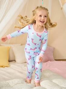 SHEIN 2pcs Baby Girls Rainbow Bear Print Snug Fit Long Sleeve Top And Leggings Loungewear Set, Fashionable & Cute - Multicolor - View 6