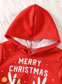 SHEIN 男婴红色柔软保暖内衬连帽运动衫，针织圣诞驯鹿图案套头衫，适合圣诞派对 - 酒紅色 - 查看 5