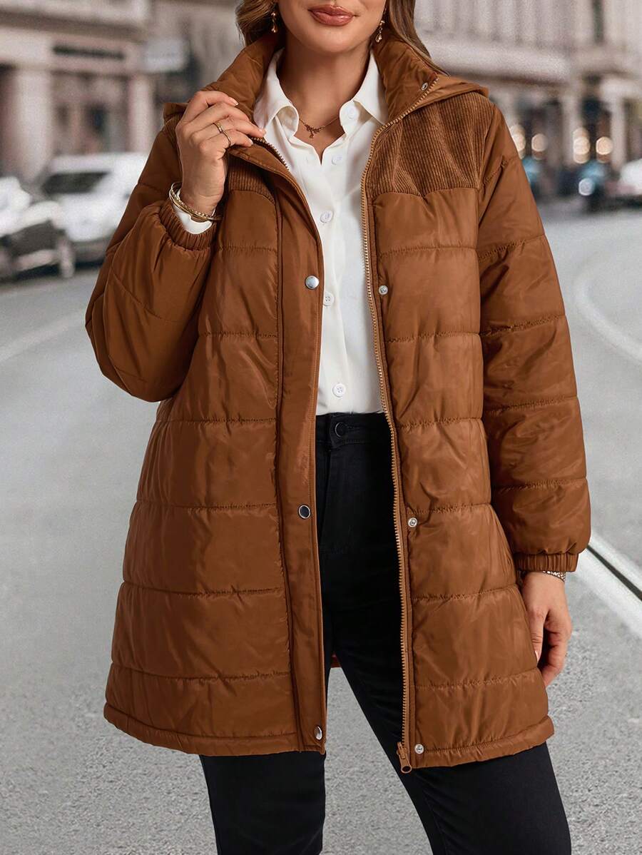 EMERY ROSE 大码新年纯色连帽长袖棉衣，女士冬季外套 - 咖啡棕 - 查看 1