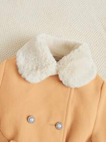 SHEIN Young Girl's Reversible Mix Fluffy Collar And Belt Jacket - Khaki - View 4