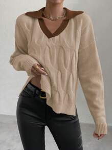 SHEIN Unity Sweater Rajut Wanita Lengan Panjang Kasual Kerah V Warna Kontras, Model Pullover Rajut Musim Gugur/Musim Dingin - MultiWarna - View 6