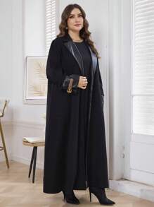 Al Najma 女式加大码翻领长袖阿拉伯简约休闲开襟长袍 Abaya，适合日常休闲/工作 - 黑色 - 查看 3