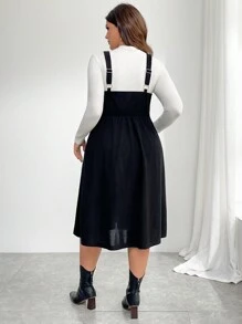 SHEIN Privé 大码优雅复古学院风 V 领无袖多层中长款太阳裙，可调节肩带，黑色灯芯绒，节日 - 黑色 - 查看 3