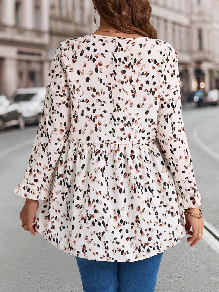 Plus Size Women Allover Print Round Neck Bell Sleeve Loose Babydoll Shirt,  Women Clothes,Spring/Summer/Vacation