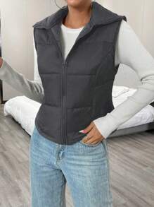 Chiquease 女士纯色前拉链休闲棉质背心，冬季服装