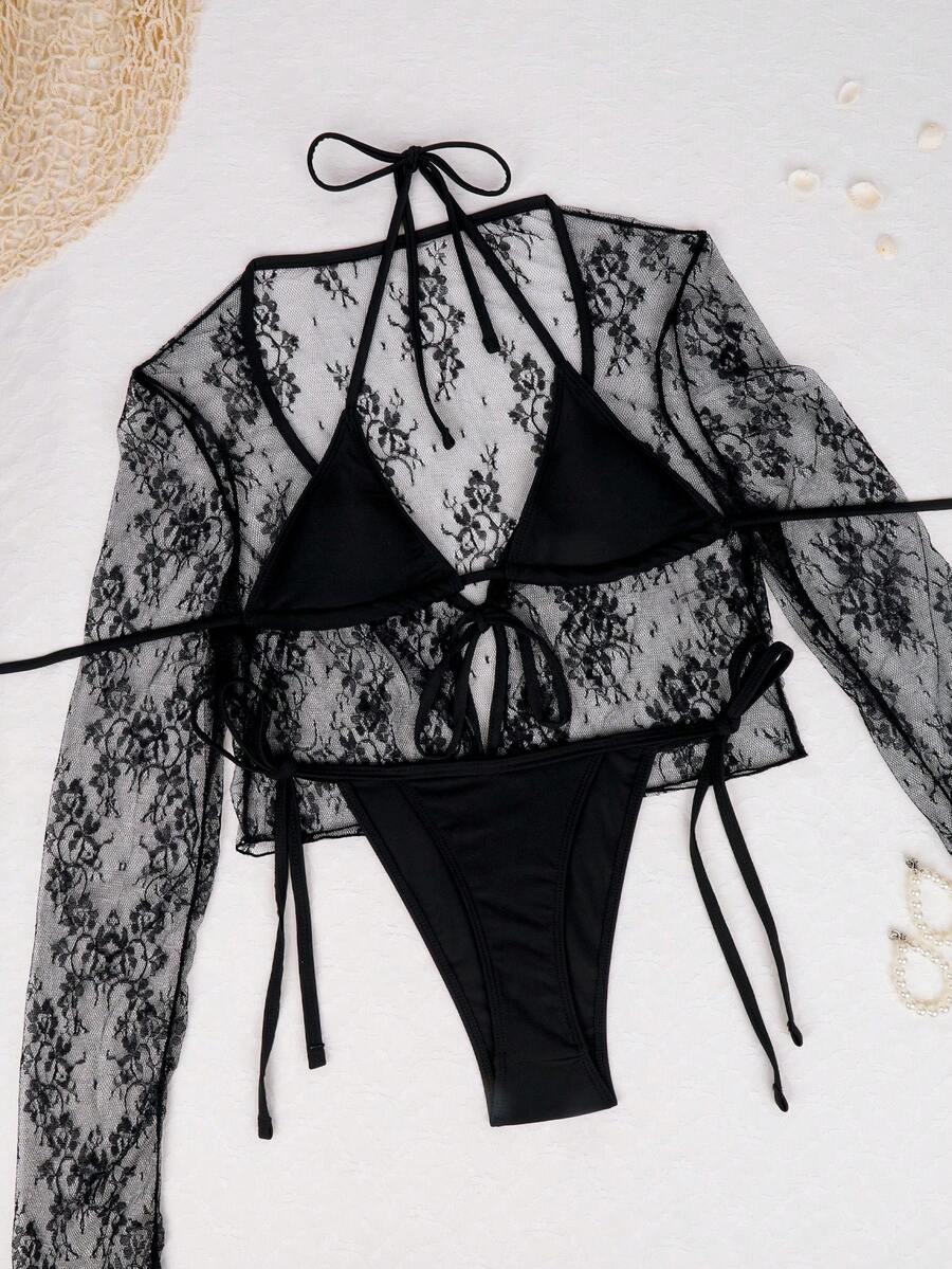 3pcs/Set Women Summer Vacation Halter Neck Bikini Set & Lace Sheer Long Sleeve Cover Up - Black - View 1