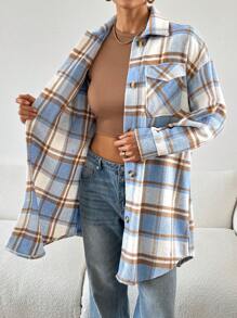 SHEIN Essnce 女士格子印花纽扣口袋休闲长袖常规夹克 - 淺藍色 - 查看 3