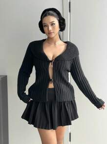 Flirla كارديجان نسائي ذو أكمام طويلة مزخرف بأزرار بنمط اللبة والمنسوج بملمس السمكة للموضة البسيطة في الخريف والشتاء