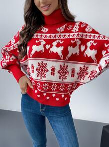 SHEIN Privé 女式圣诞图案精致简约休闲高领长袖套头毛衣