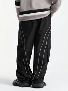 Manfinity VCAY Quần baggy dệt thoi màu đen rộng thùng thình có túi hộp kẻ sọc hai bên dành cho nam, làm quà tặng cho bạn trai - màu đen - Xem 3