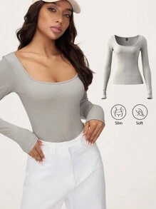 SHEIN BASICS Áo thun nữ tay dài cổ tròn dệt kim màu trơn đơn giản ôm vừa vặn - Màu vàng - Xem 1