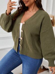 SHEIN VCAY Plus Size Plain Front Button Long Sleeve Casual Cardigan, Winter - Army Green - View 3