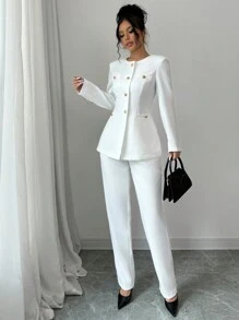 Elenzga 2 件套女士纯色圆领长袖单排扣夹克和裤子优雅套装，秋季 - 白色 - 查看 3