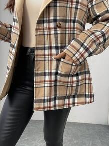 SHEIN Privé Áo khoác nữ tay dài kẻ caro buộc trước có mũ trùm đầu đơn giản thường ngày - Màu Khaki - Xem 7