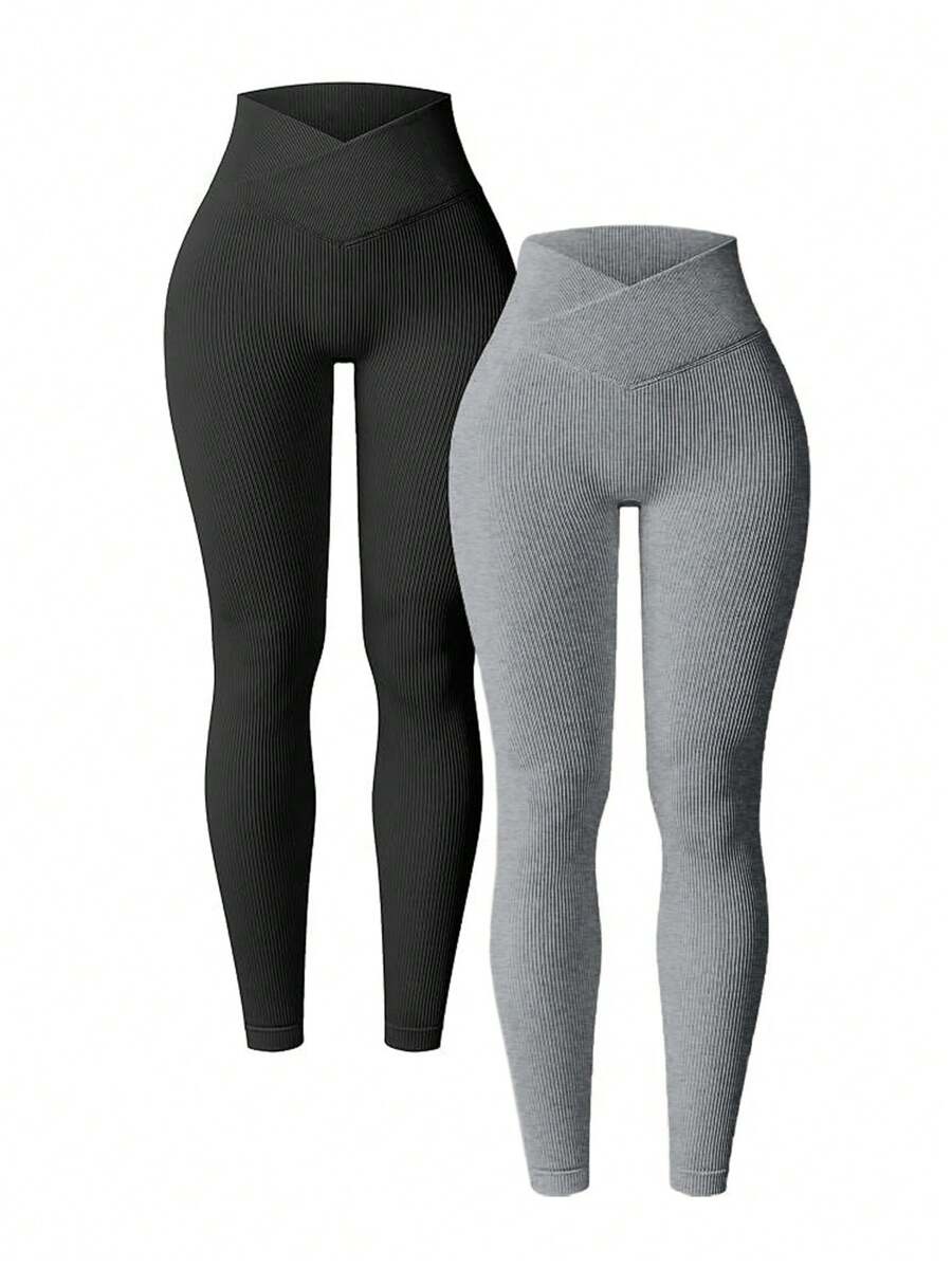 SHEIN EZwear 2pcs Women Ribbed Seamless High Waist Yoga Leggings, Cross Waistband Tight Fit Sports Workout Pants